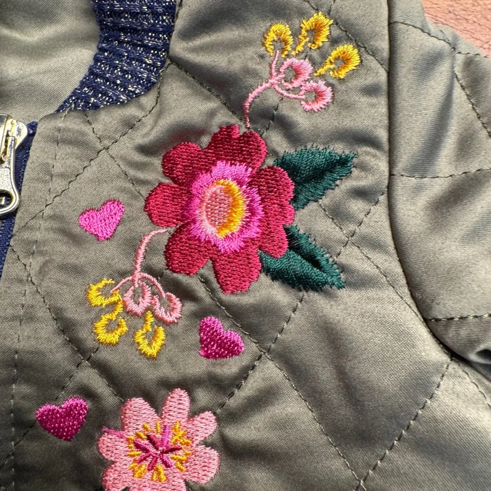 Little‎ Lass Quilted Bomber Jacket Floral Embroidery Kids 12 Months Green Zip Up